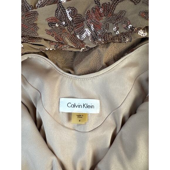 Calvin Klein Sequin Dress Mini Floral Wedding Formal Holiday Tan Size 4 - Picture 5 of 8